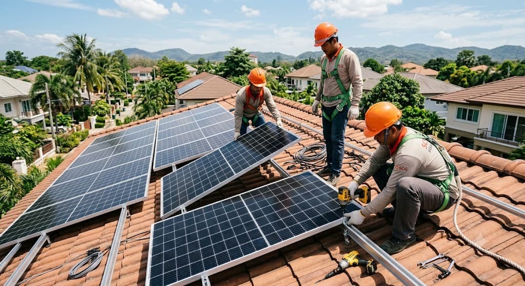 ทีมช่างของ PCAC Energy ติดตั้งแผงโซลาร์เซลล์บนหลังคาบ้านพักอาศัย
